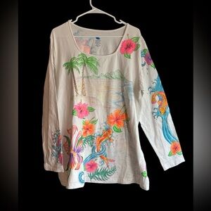 Junonia Tropical Fish Hibiscus Scenic Print Long Sleeve Top. Size 1X